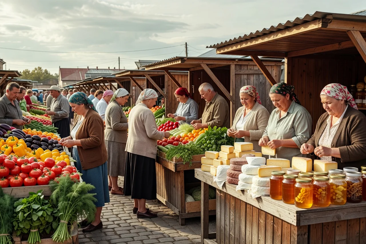 Marché alimentaire en plein air avec étals de légumes, fromages et miel dans une ville d'Ukraine, entouré de vendeuses et de clients