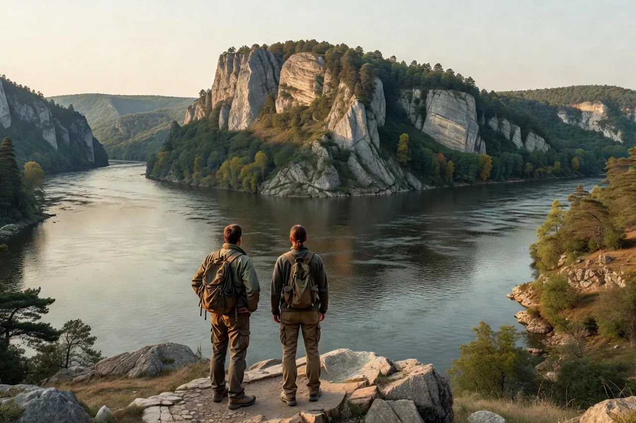 Deux randonneurs vus de dos sur un belvédère rocheux dominant un large fleuve encaissé entre des falaises calcaires boisées
