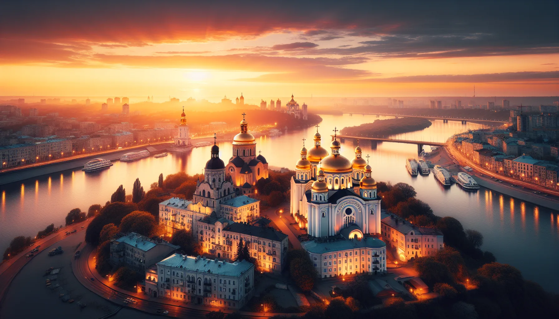 Panorama de Kiev au coucher du soleil avec les d&ocirc;mes dor&eacute;s