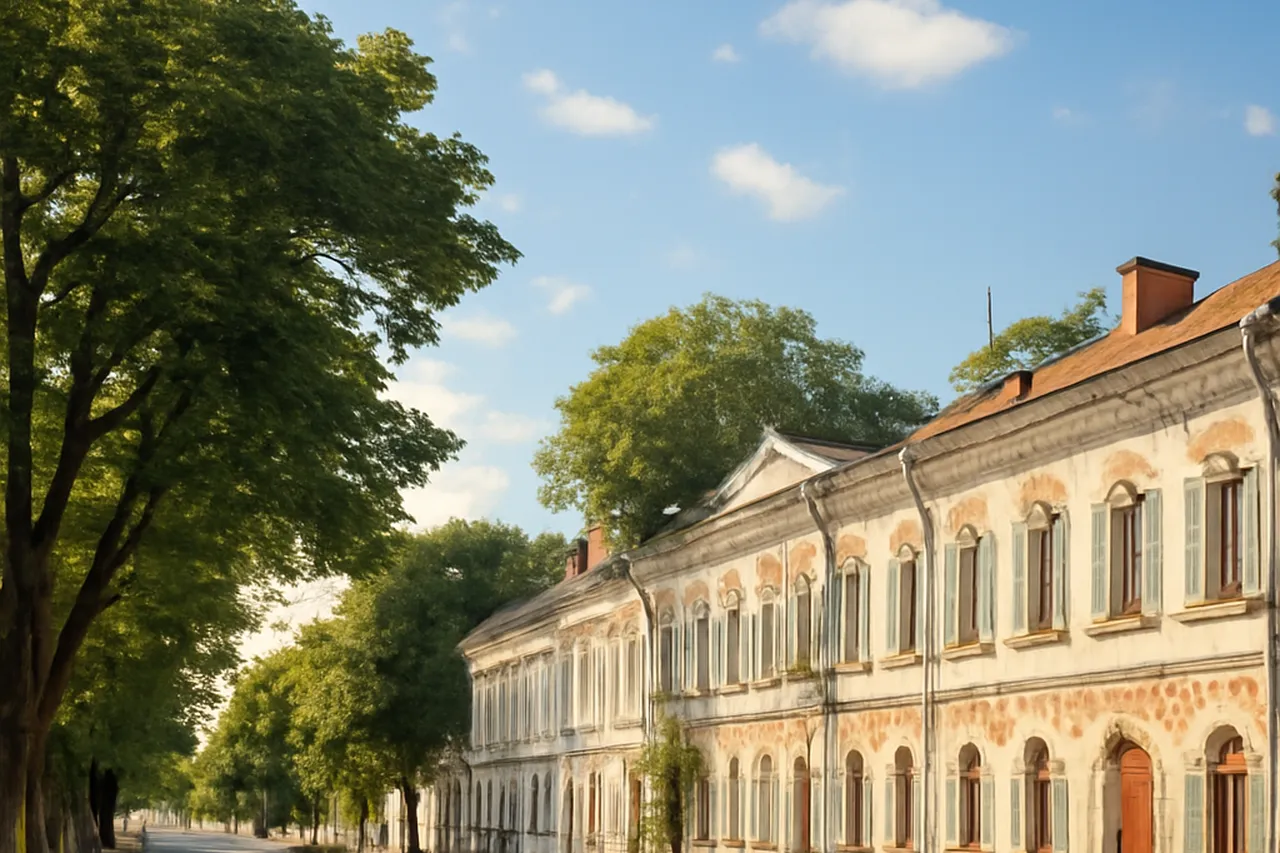 Boulevard bordé d'immeubles néoclassiques pastel dans une ville du centre de l'Ukraine