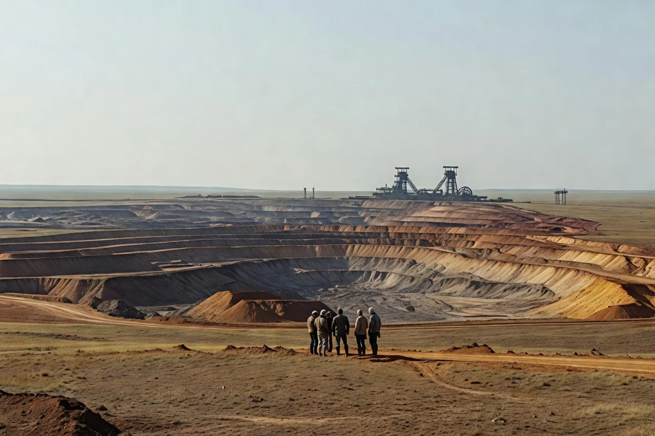 Vaste paysage industriel de steppe avec carreaux de mines de fer au loin sous un ciel vaste