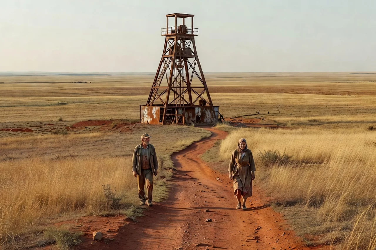 Chevalement de mine historique en métal rouillé dans une steppe ukrainienne