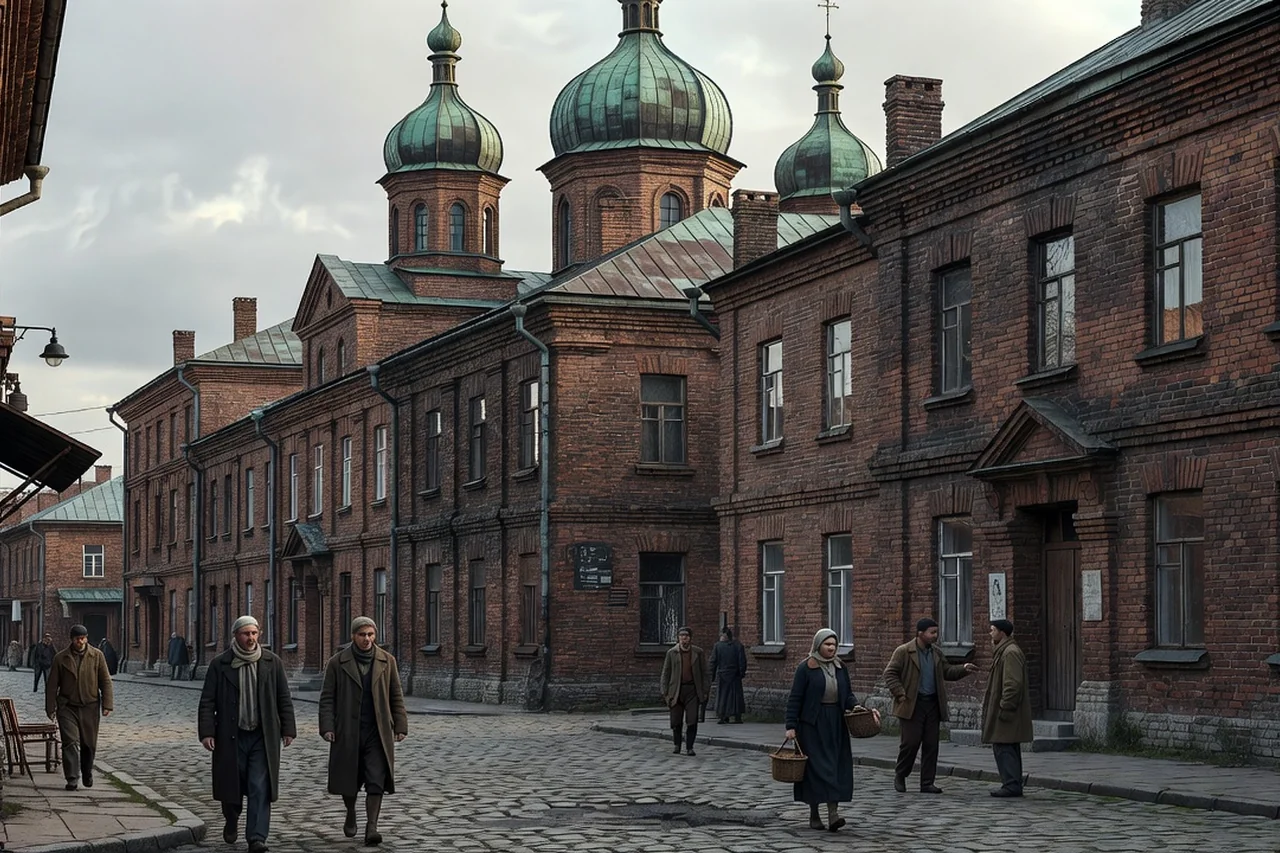 Quartier historique d'une ville industrielle d'Europe de l'Est avec immeubles de briques et église orthodoxe