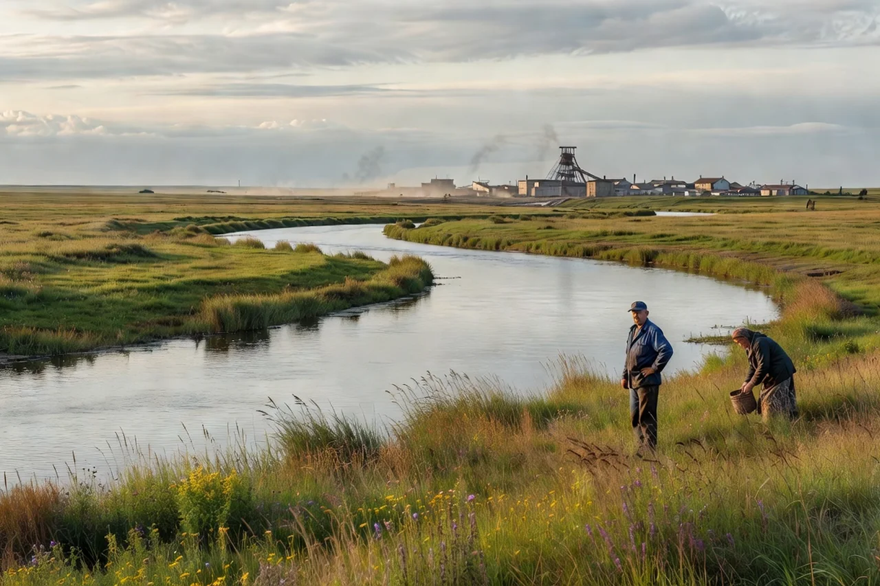 Fleuve calme traversant la steppe ukrainienne près d'une ville minière
