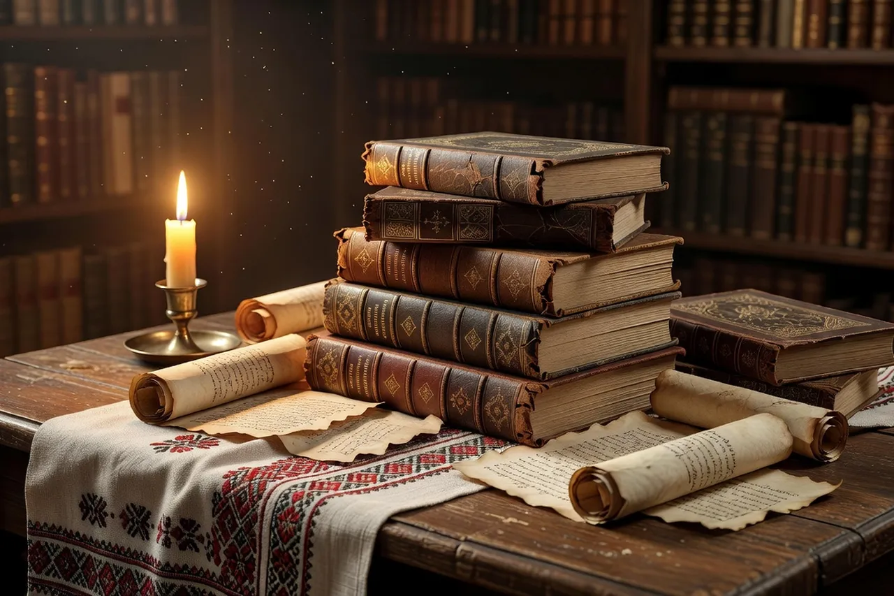 Livres ukrainiens anciens ouverts sur une table de bibliothèque à Lviv