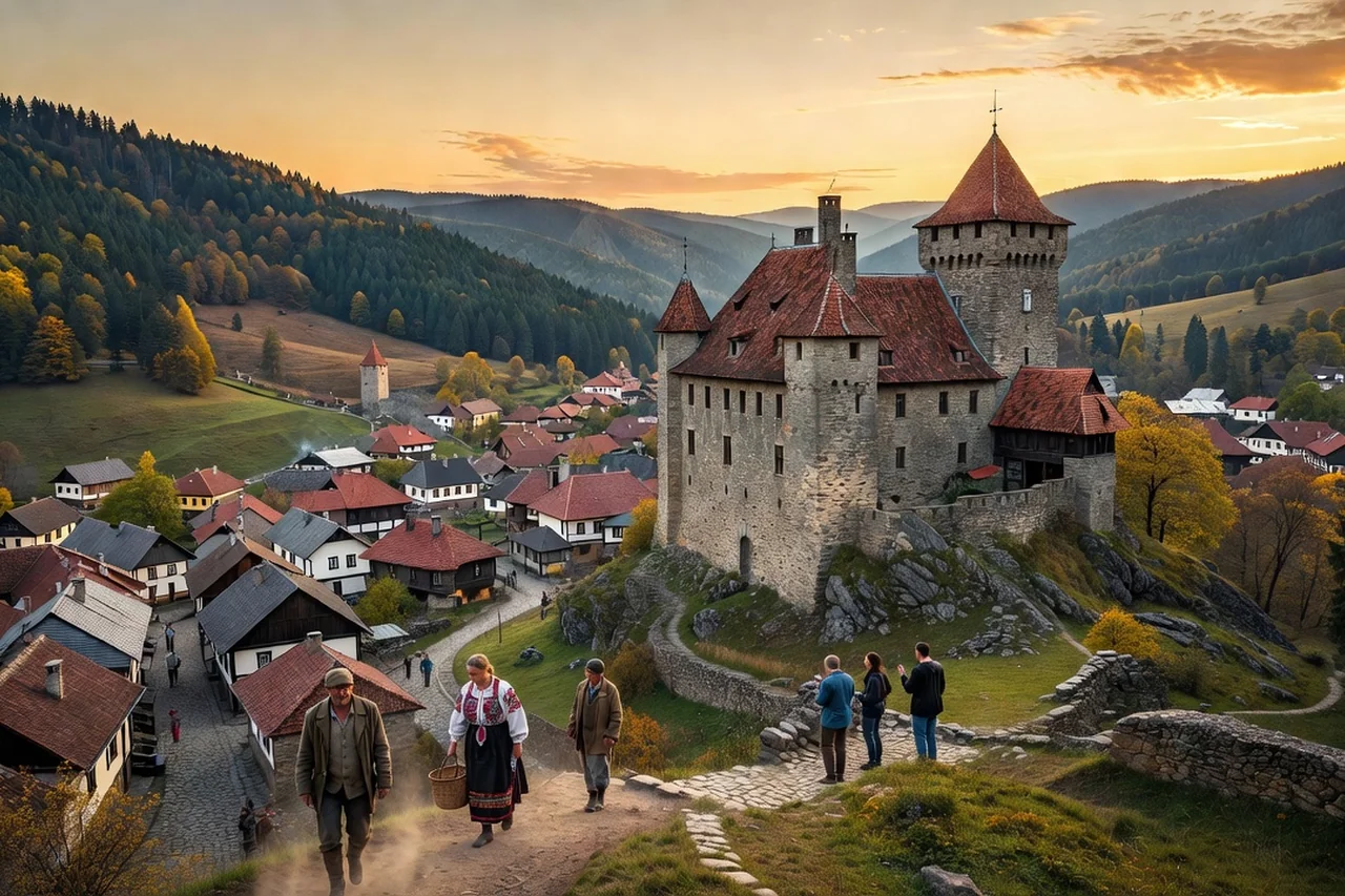 Château de Palanok dominant la ville de Moukatchevo dans la vallée carpatique ukrainienne