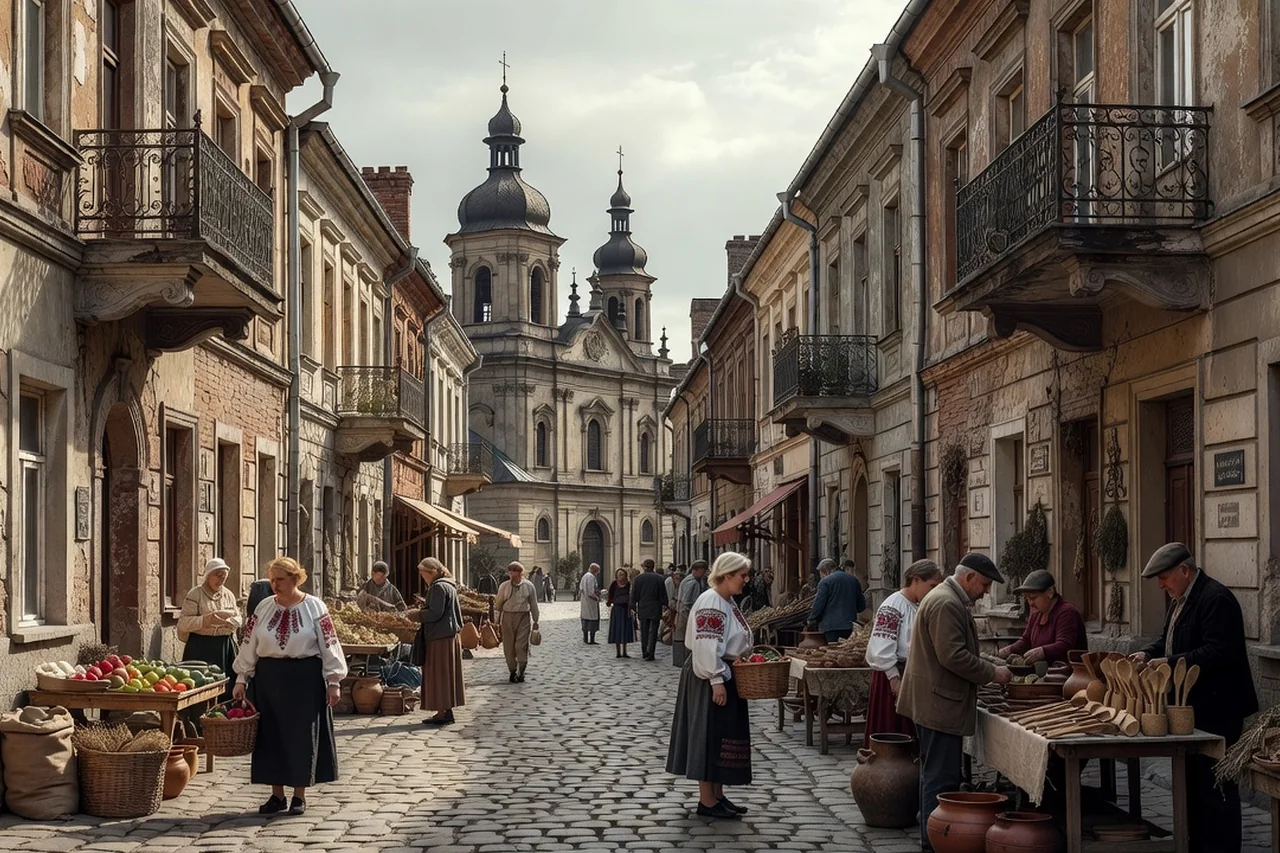 Rue ancienne d'une ville ukrainienne de l'ouest avec façades du XIXe siècle et église baroque