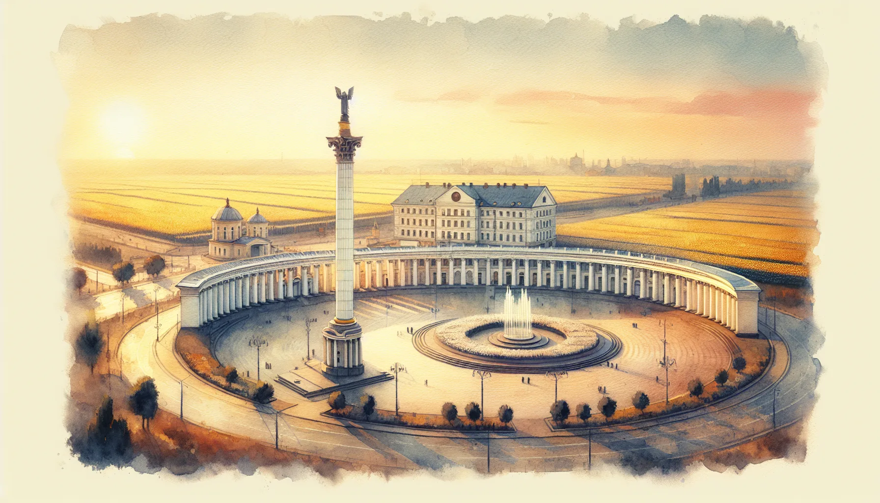 Place Ronde de Poltava avec la colonne de la Gloire et les b&acirc;timents n&eacute;oclassiques, illustration aquarelle