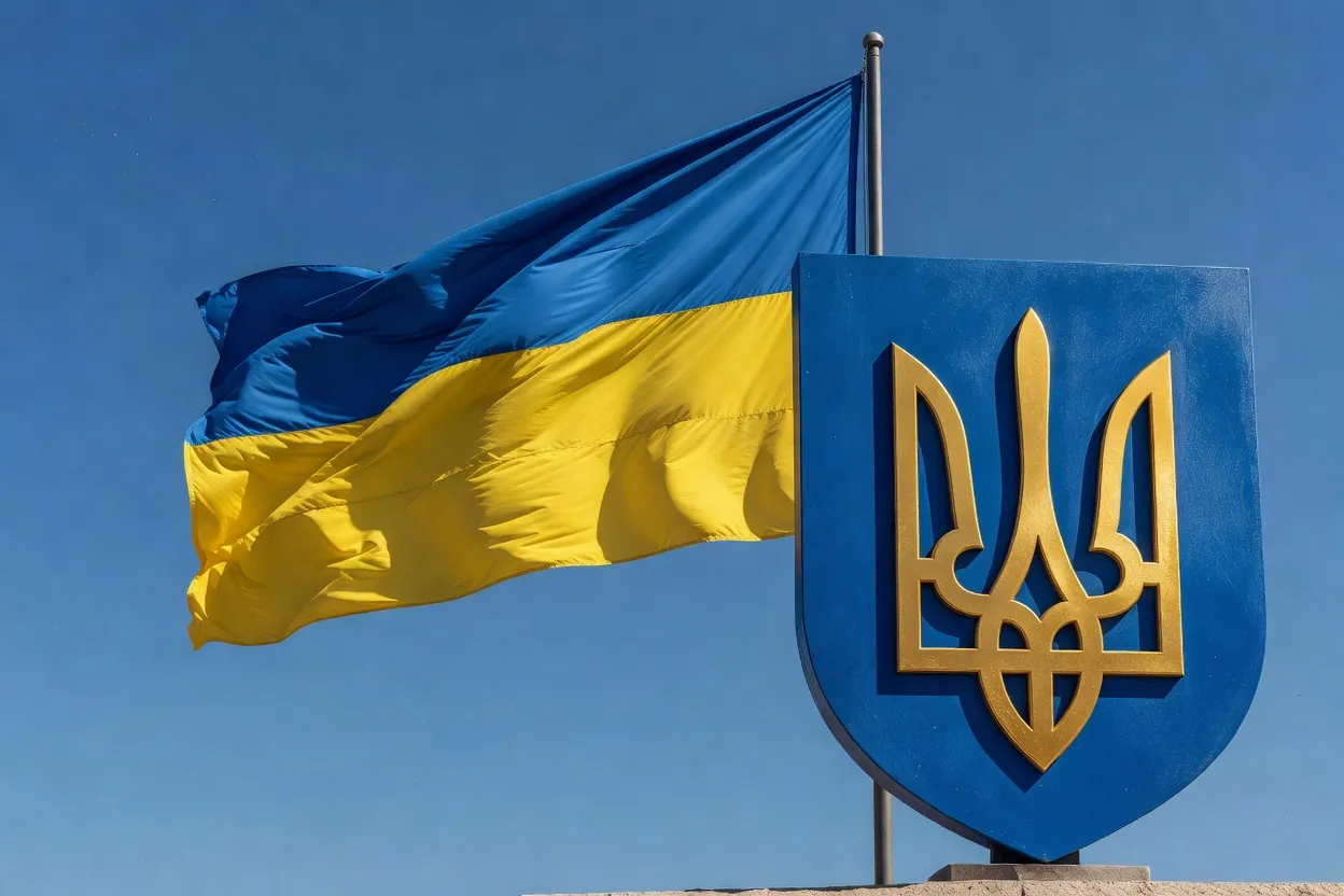 Drapeau bleu et jaune ukrainien flottant à côté du trident tryzub sur un bouclier