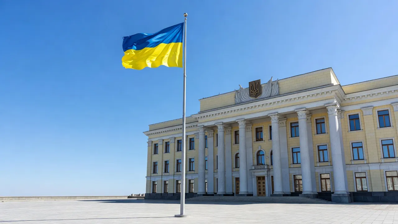 Drapeau ukrainien bleu et jaune flottant au vent sur un mât métallique