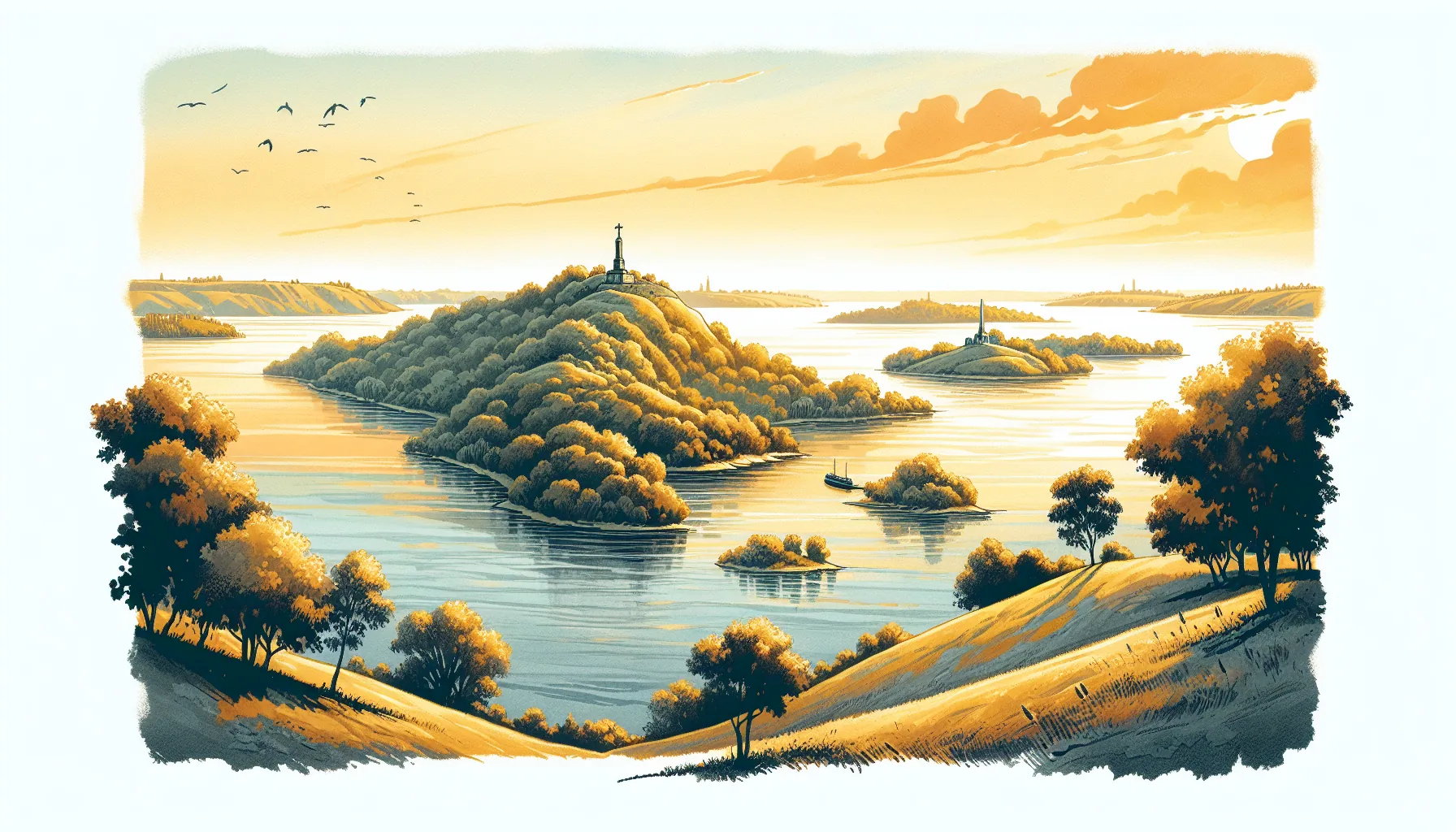 Le Dniepr au coucher du soleil pr&egrave;s de Tcherkassy, rives bois&eacute;es et eaux calmes