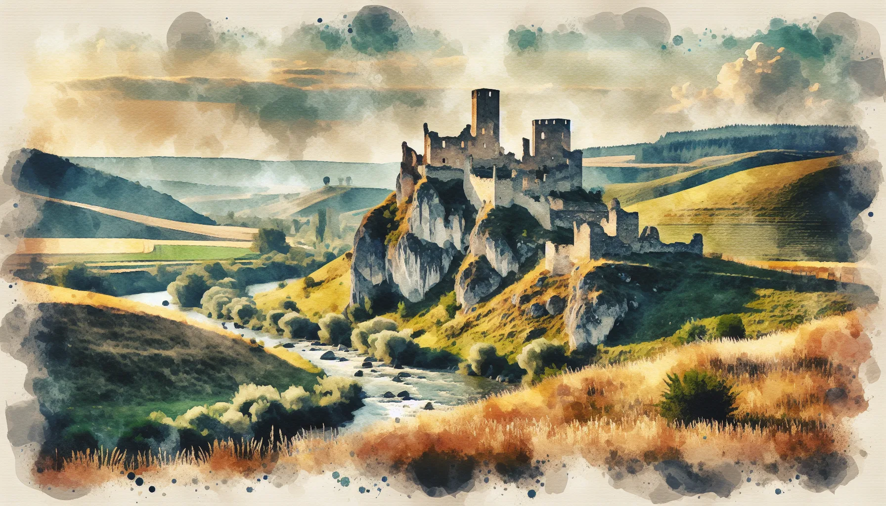 Ch&acirc;teau fortifi&eacute; de Podolie dans la r&eacute;gion de Ternopil, tours m&eacute;di&eacute;vales et paysage de collines