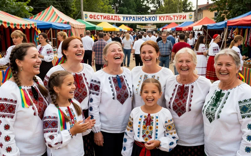 Femmes ukrainiennes en costumes traditionnels brod&eacute;s lors d'une f&ecirc;te populaire