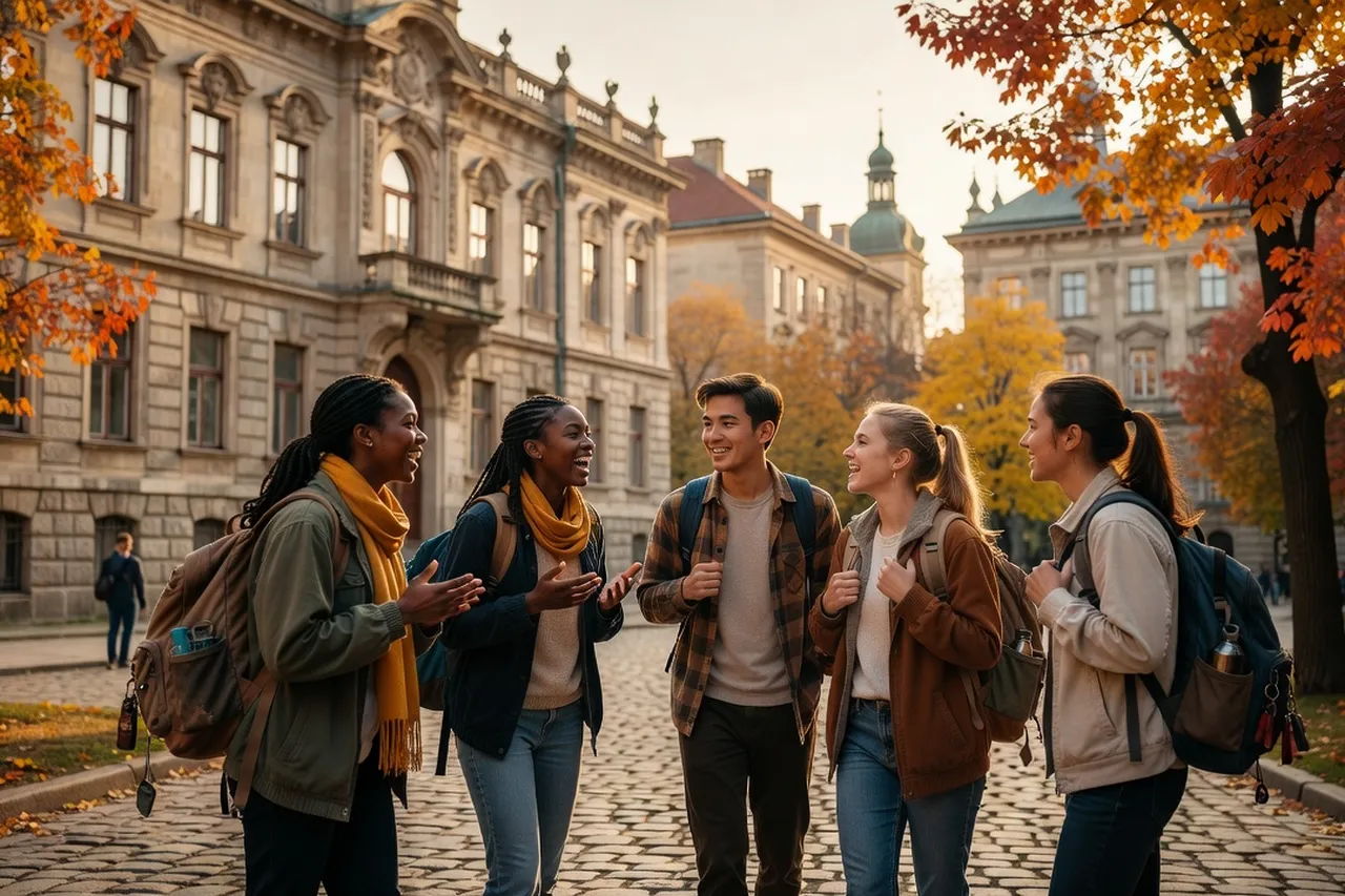 Bâtiment universitaire en Ukraine et étudiants préparant leur parcours académique