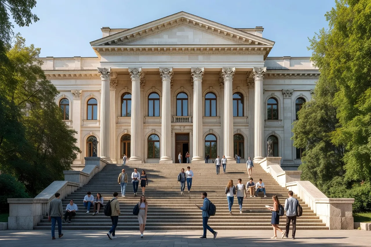 Façade néoclassique d'une université ukrainienne avec étudiants sur les marches